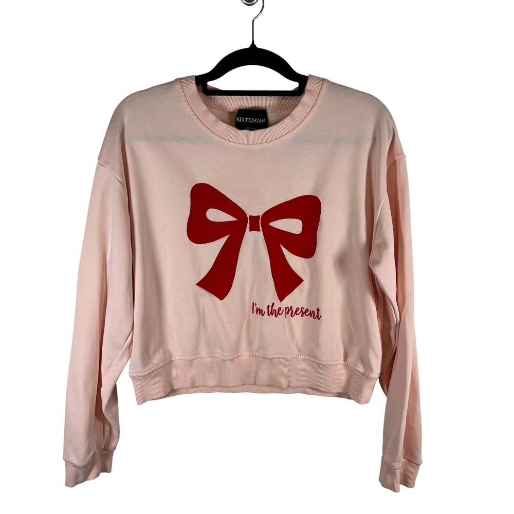Kittenish Pink I'm The Present Red Bow Graphic Cropped Sweatshirt Medium women M